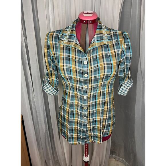 Blouse button down plaid beaded collar blue mustard - Picture 1 of 6